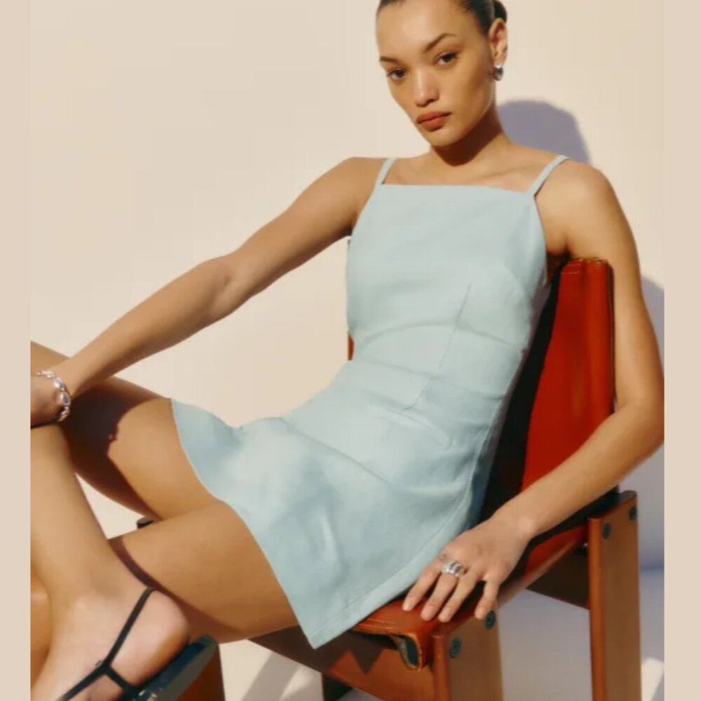 NWOT Reformation Phillipa Linen Dress in Aquamarine Blue Sleeveless Mini Size 2